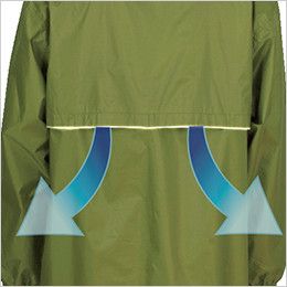 7540 カジメイク アドベントレインスーツ(上下セット)(男女兼用) ムレを逃がす背面ベンチレーションと、安全性を高める反射パイピング付